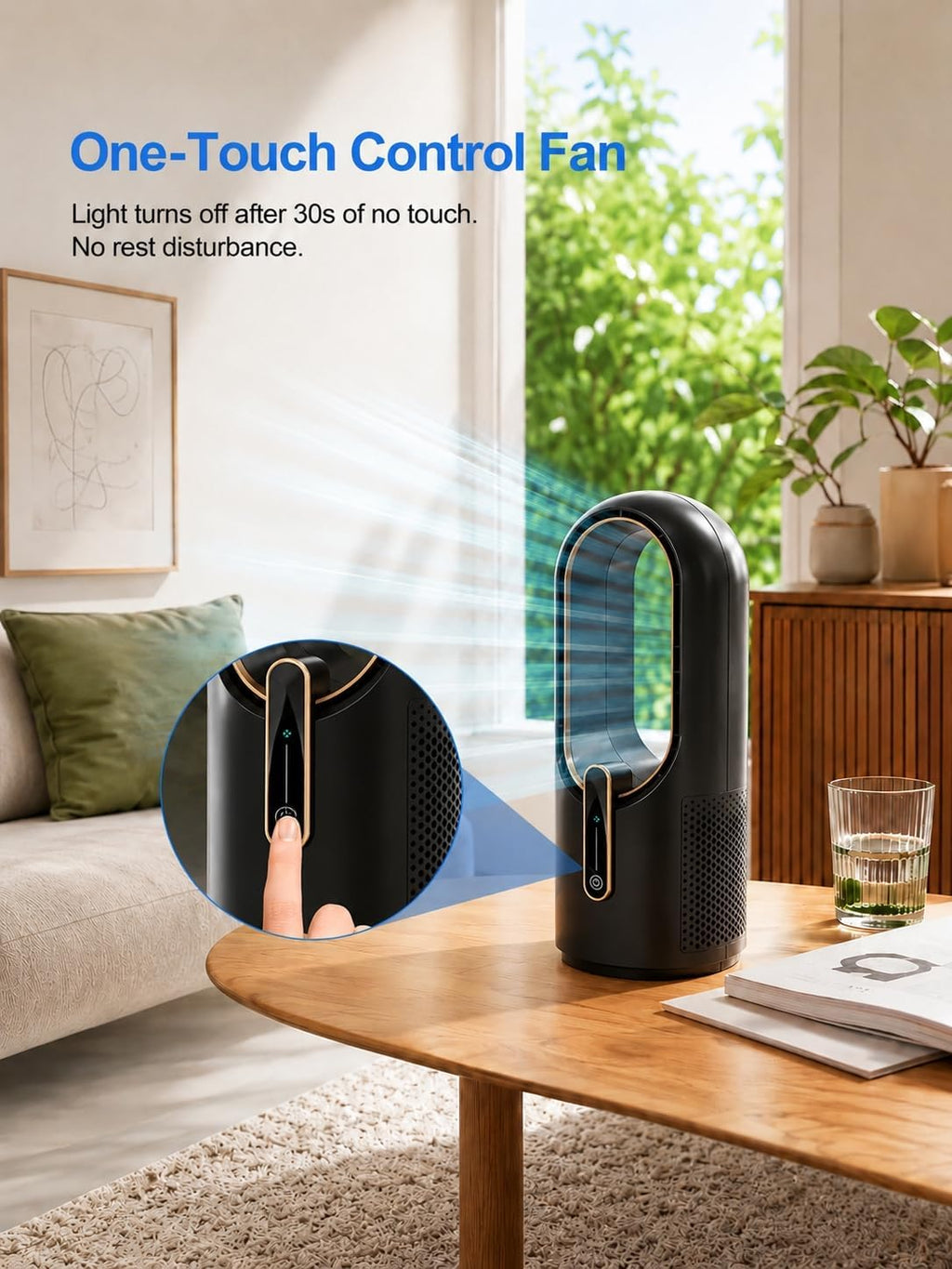 Misby Desk Fan for Bedroom, 11.8 Inch Portable Bladeless Fan, Small Rechargeable Table Fan, 3 Adjustable Speeds, Touch Control, Easy to Clean, Quiet Desktop Fan for Home, Office (Black)