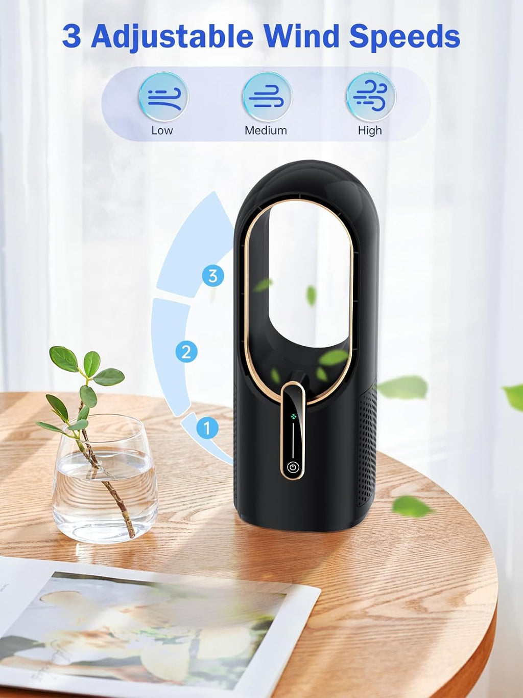Misby Desk Fan for Bedroom, 11.8 Inch Portable Bladeless Fan, Small Rechargeable Table Fan, 3 Adjustable Speeds, Touch Control, Easy to Clean, Quiet Desktop Fan for Home, Office (Black)