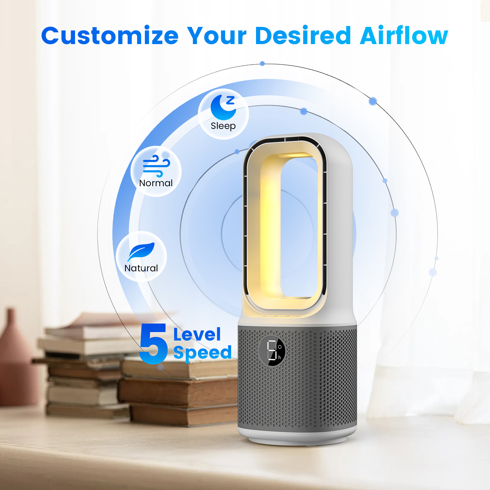 Misby Desk Fans Small Quiet, 13 Inch Bladeless Table Fan, 5 Speeds for Powerful Airflow, 70° Oscillating Fan with Night Light and Timer, Desktop Cooling Fan for Bedroom, Office, Nightstand