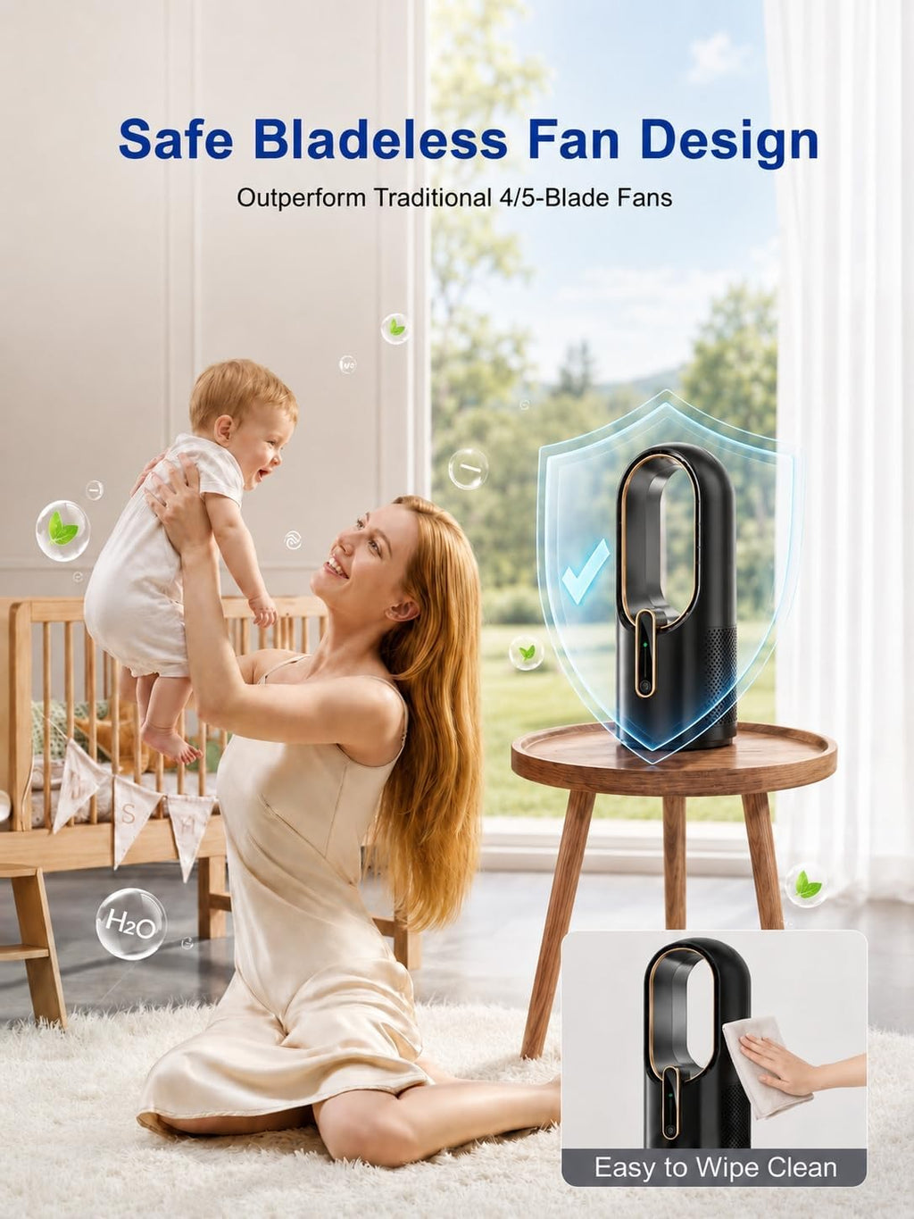 Misby Desk Fan for Bedroom, 11.8 Inch Portable Bladeless Fan, Small Rechargeable Table Fan, 3 Adjustable Speeds, Touch Control, Easy to Clean, Quiet Desktop Fan for Home, Office (Black)