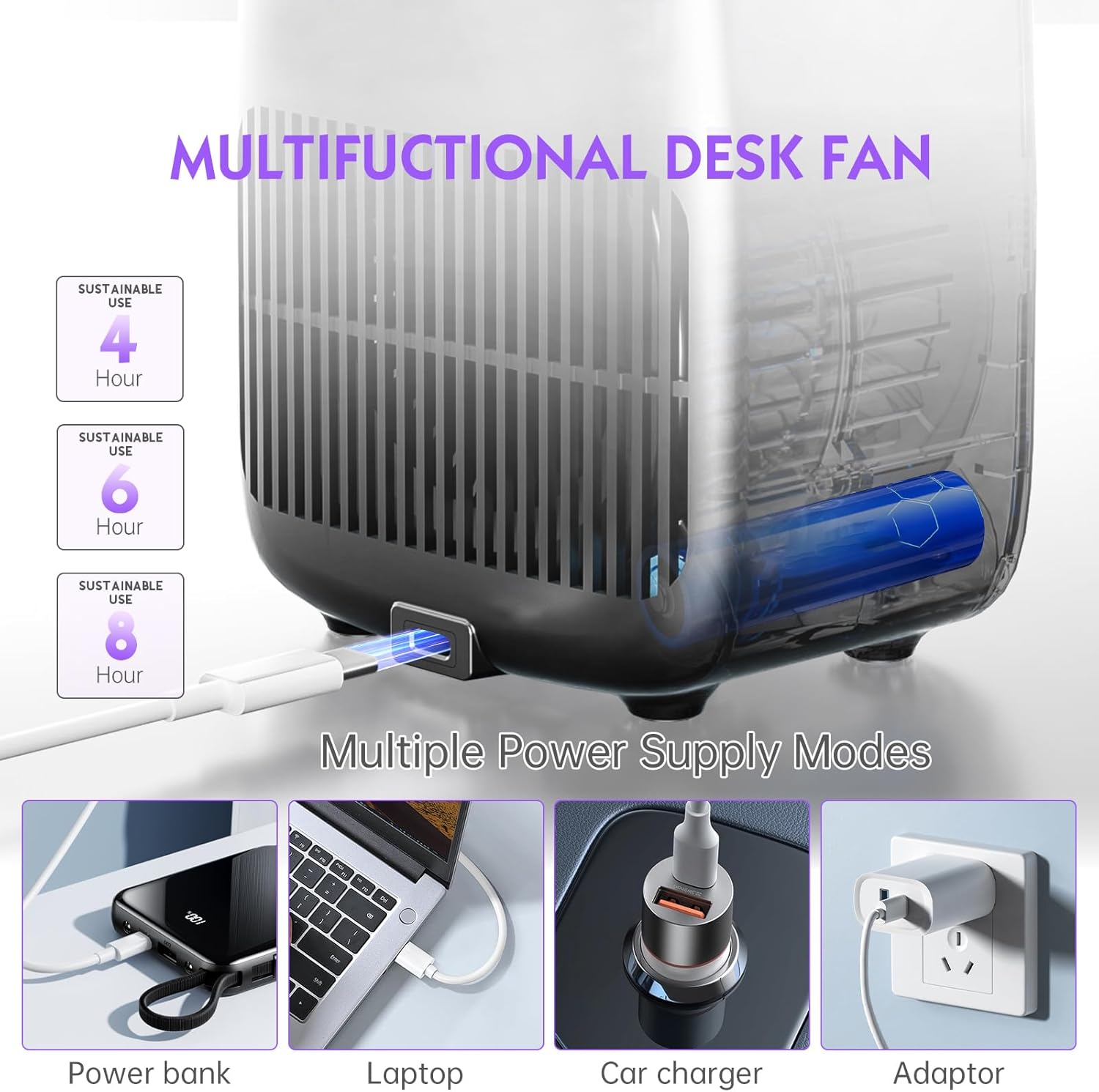 Misby Rechargeable Desk Fan, 5-color LED Light Bladeless Table Fan of 11.8 Inch, Purple Desk Fans Small Quiet for Bedroom, Home, Office