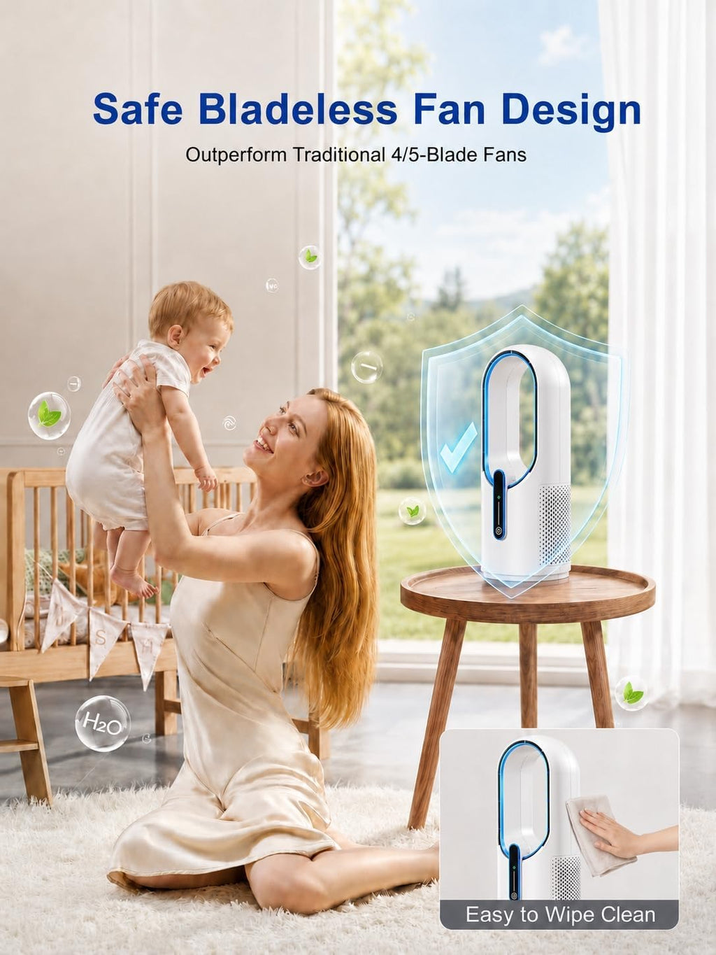 Misby Desk Fan, 11.8 Inch Portable Bladeless Fan, Small Rechargeable Table Fan with Battery, 3 Adjustable Speeds, Touch Control, Easy to Clean, Quiet Desktop Fan for Bedroom, Home, Office (White)