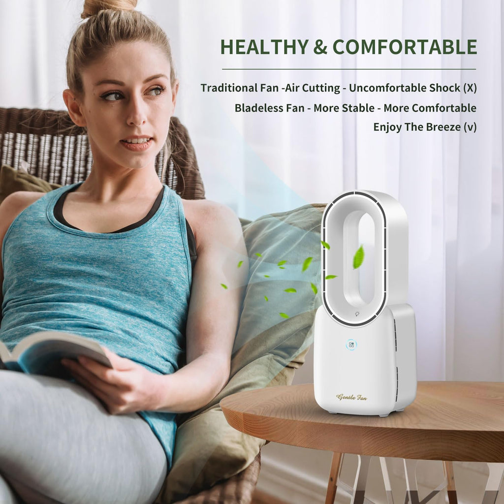 Misby Rechargeable Bladeless Desk Fan, 11.8 Inch Table Fan with 5-Color Ambient Lights, Touch Control 3 Speeds + Natural Wind Mode, Quiet Cooling Fan for Bedroom, Home, Office, Desktop