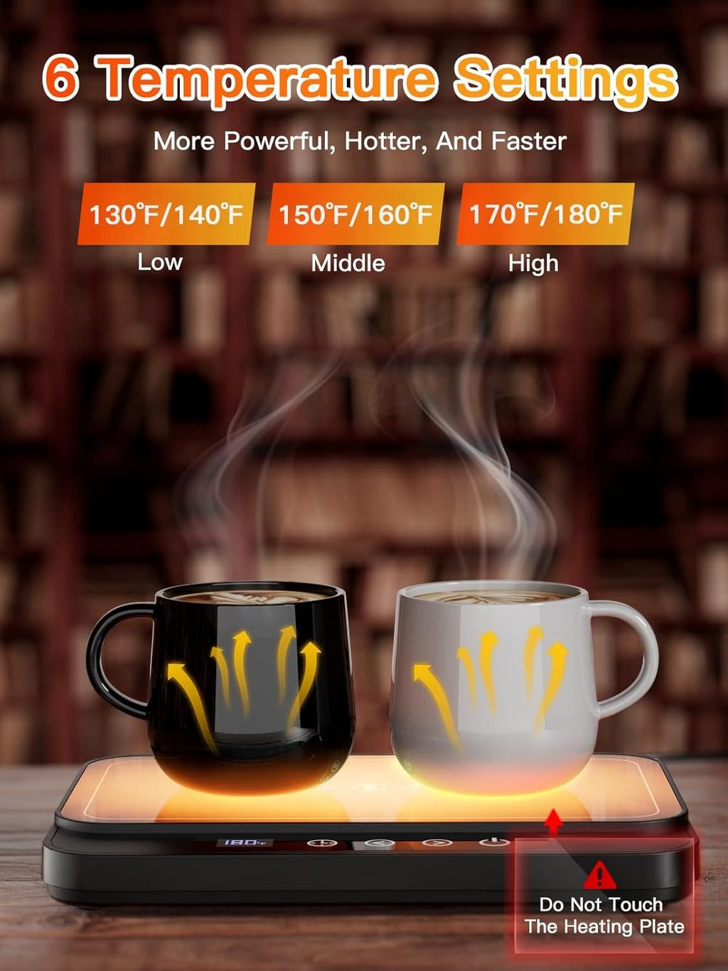 Coffee Mug Warmer, 50W Large Heating Panel Mug Warmer with 6-Temp Settings, 8H Auto Shut-Off, 12H Timer, Ultra-Thin Design, Coffee Warmer for Desk, Ideal for Home, Office, and Travel (Black)