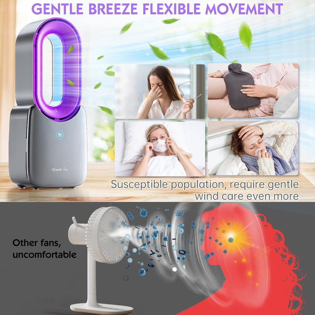 Misby Rechargeable Desk Fan, 5-color LED Light Bladeless Table Fan of 11.8 Inch, Purple Desk Fans Small Quiet for Bedroom, Home, Office
