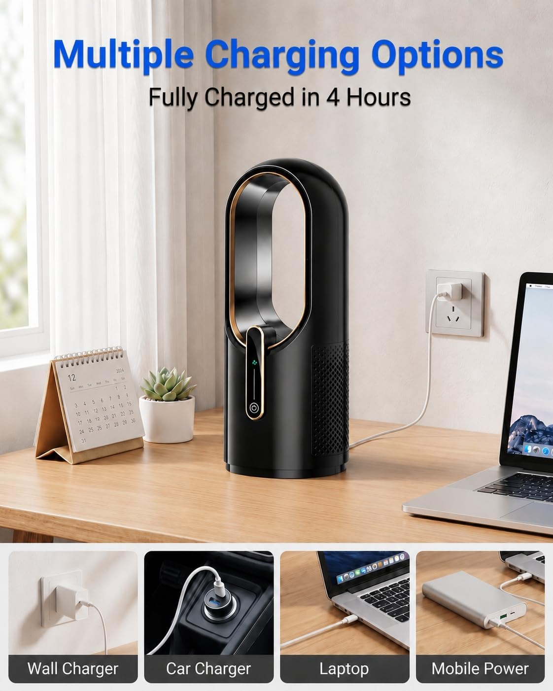 Misby Desk Fan for Bedroom, 11.8 Inch Portable Bladeless Fan, Small Rechargeable Table Fan, 3 Adjustable Speeds, Touch Control, Easy to Clean, Quiet Desktop Fan for Home, Office (Black)