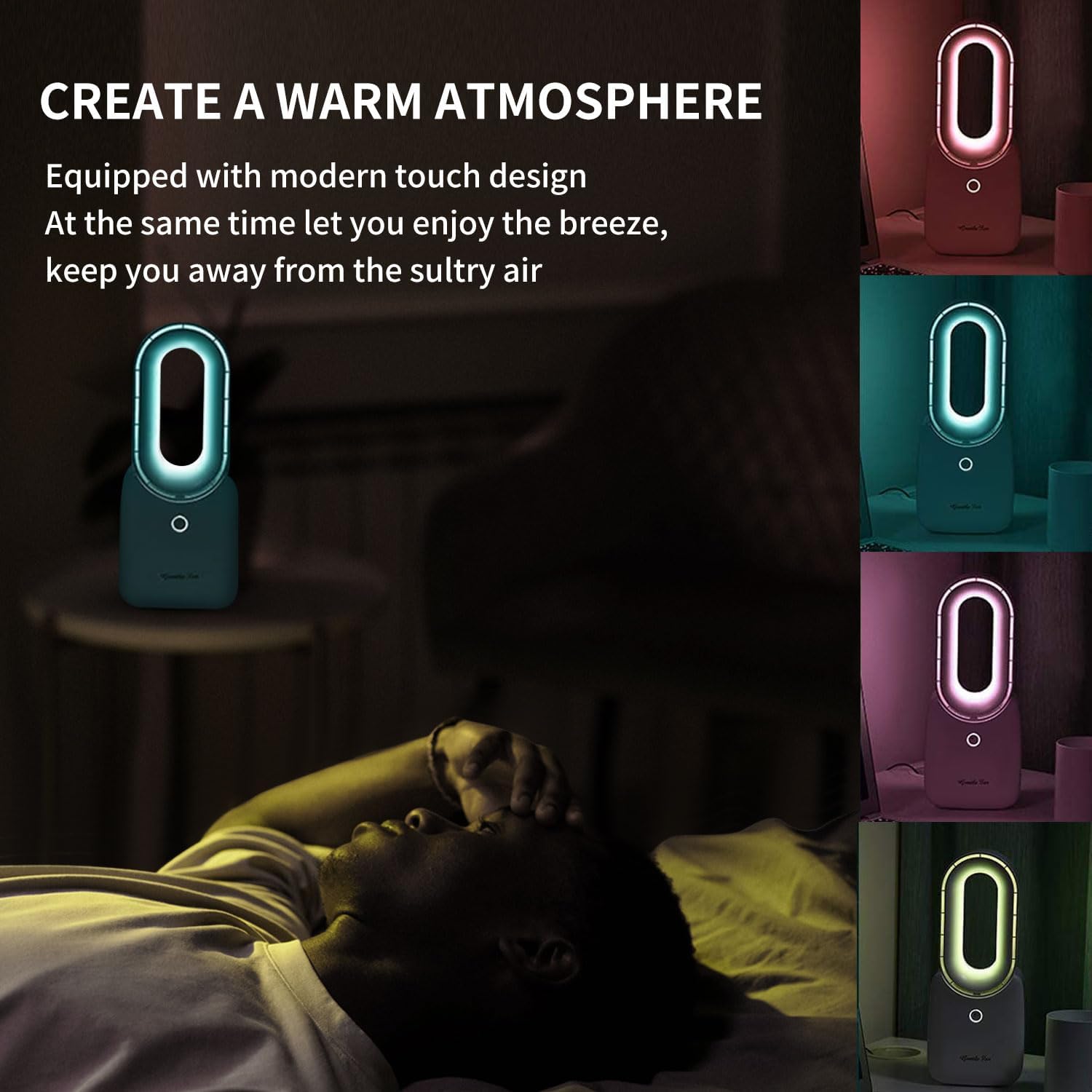Misby Rechargeable Bladeless Desk Fan, 11.8 Inch Table Fan with 5-Color Ambient Lights, Touch Control 3 Speeds + Natural Wind Mode, Quiet Cooling Fan for Bedroom, Home, Office, Desktop