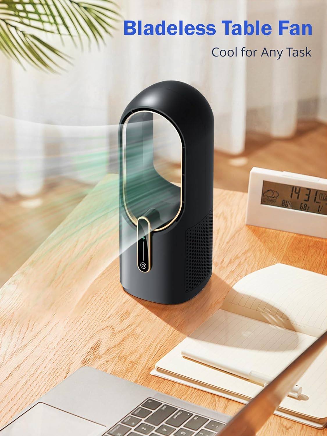 Misby Desk Fan for Bedroom, 11.8 Inch Portable Bladeless Fan, Small Rechargeable Table Fan, 3 Adjustable Speeds, Touch Control, Easy to Clean, Quiet Desktop Fan for Home, Office (Black)