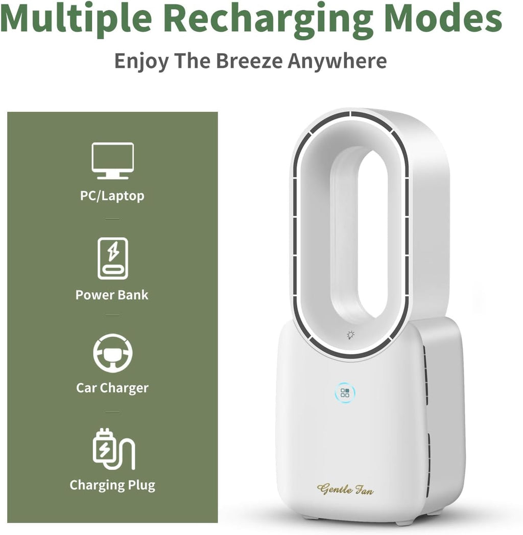 Misby Rechargeable Bladeless Desk Fan, 11.8 Inch Table Fan with 5-Color Ambient Lights, Touch Control 3 Speeds + Natural Wind Mode, Quiet Cooling Fan for Bedroom, Home, Office, Desktop