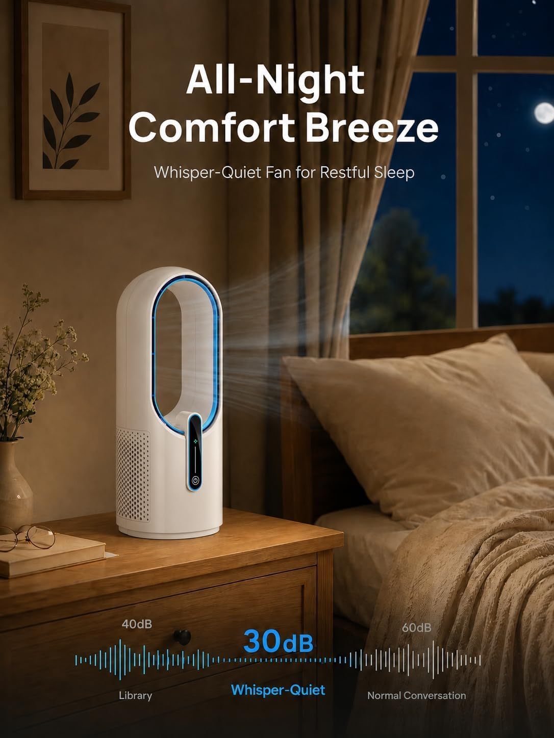Misby Desk Fan, 11.8 Inch Portable Bladeless Fan, Small Rechargeable Table Fan with Battery, 3 Adjustable Speeds, Touch Control, Easy to Clean, Quiet Desktop Fan for Bedroom, Home, Office (White)