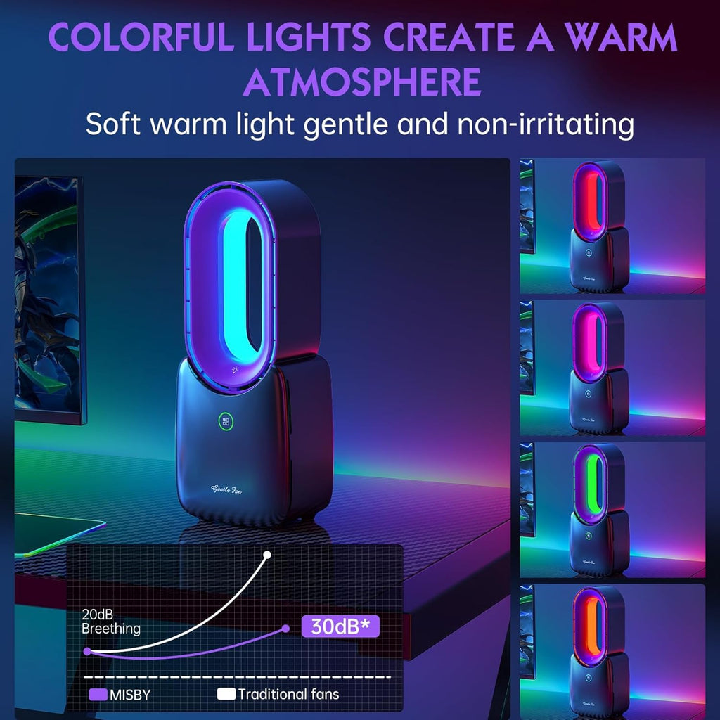 Misby Rechargeable Desk Fan, 5-color LED Light Bladeless Table Fan of 11.8 Inch, Purple Desk Fans Small Quiet for Bedroom, Home, Office