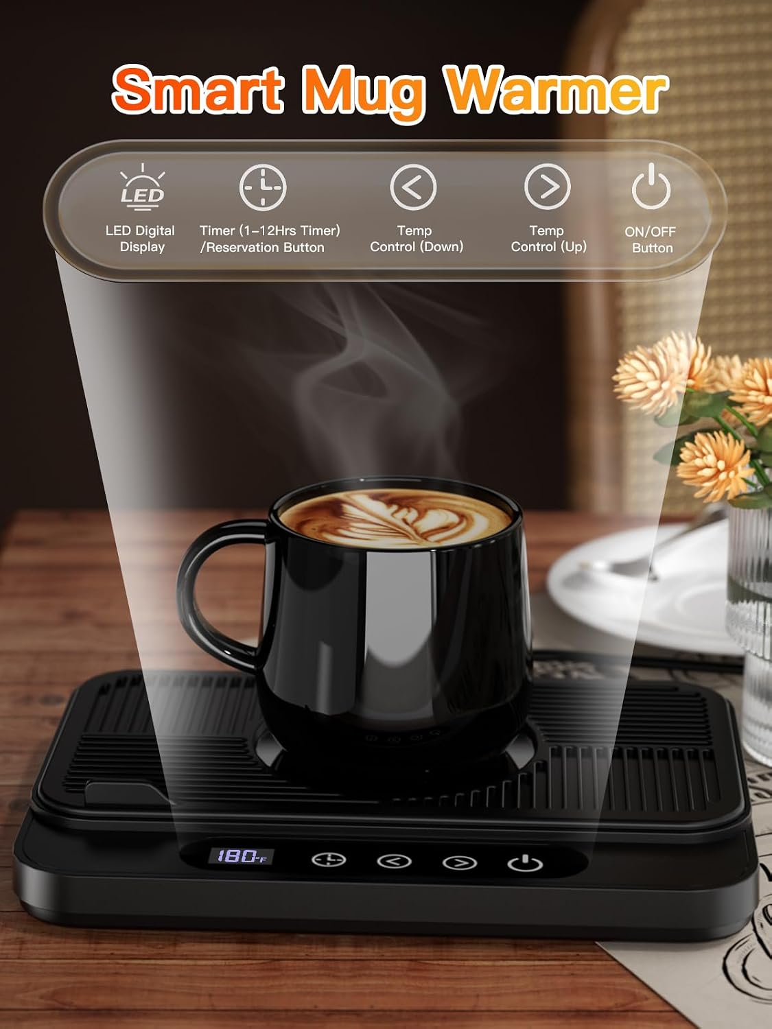 Coffee Mug Warmer, 50W Large Heating Panel Mug Warmer with 6-Temp Settings, 8H Auto Shut-Off, 12H Timer, Ultra-Thin Design, Coffee Warmer for Desk, Ideal for Home, Office, and Travel (Black)
