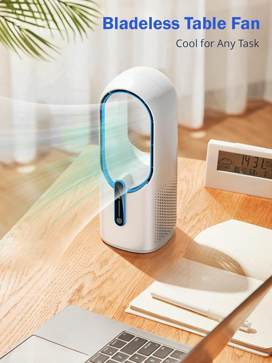 Misby Desk Fan, 11.8 Inch Portable Bladeless Fan, Small Rechargeable Table Fan with Battery, 3 Adjustable Speeds, Touch Control, Easy to Clean, Quiet Desktop Fan for Bedroom, Home, Office (White)