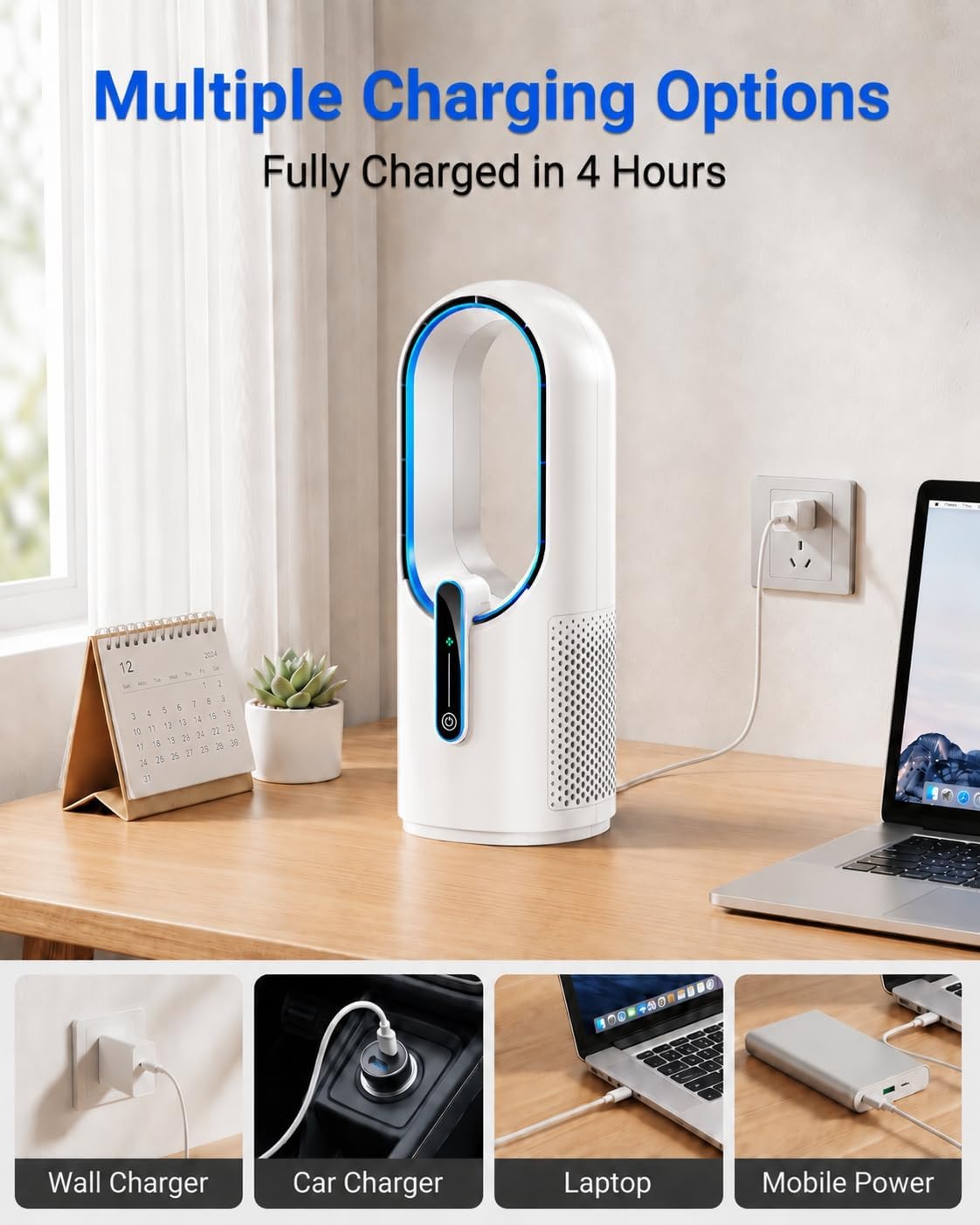 Misby Desk Fan, 11.8 Inch Portable Bladeless Fan, Small Rechargeable Table Fan with Battery, 3 Adjustable Speeds, Touch Control, Easy to Clean, Quiet Desktop Fan for Bedroom, Home, Office (White)
