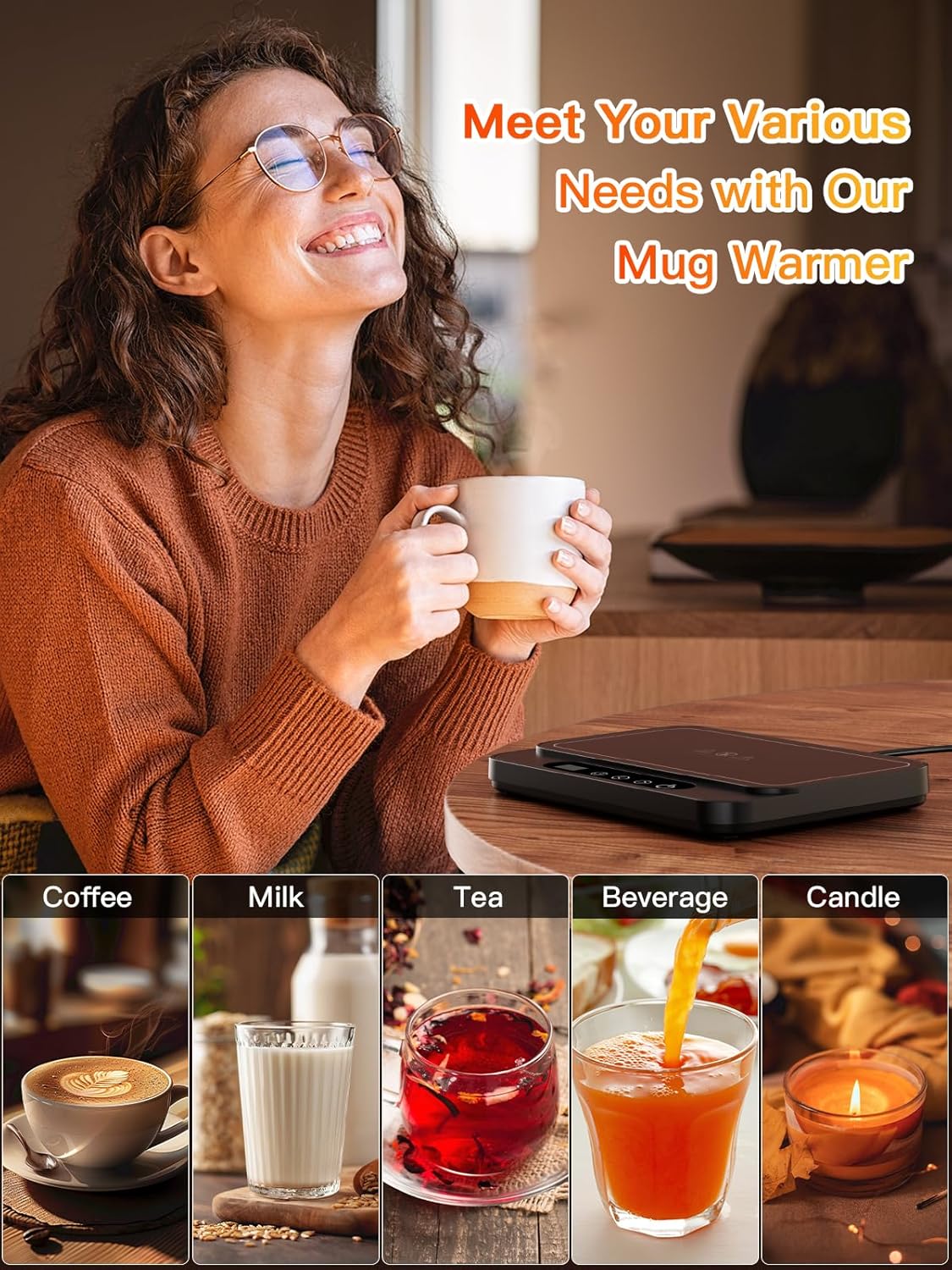 Coffee Mug Warmer, 50W Large Heating Panel Mug Warmer with 6-Temp Settings, 8H Auto Shut-Off, 12H Timer, Ultra-Thin Design, Coffee Warmer for Desk, Ideal for Home, Office, and Travel (Black)