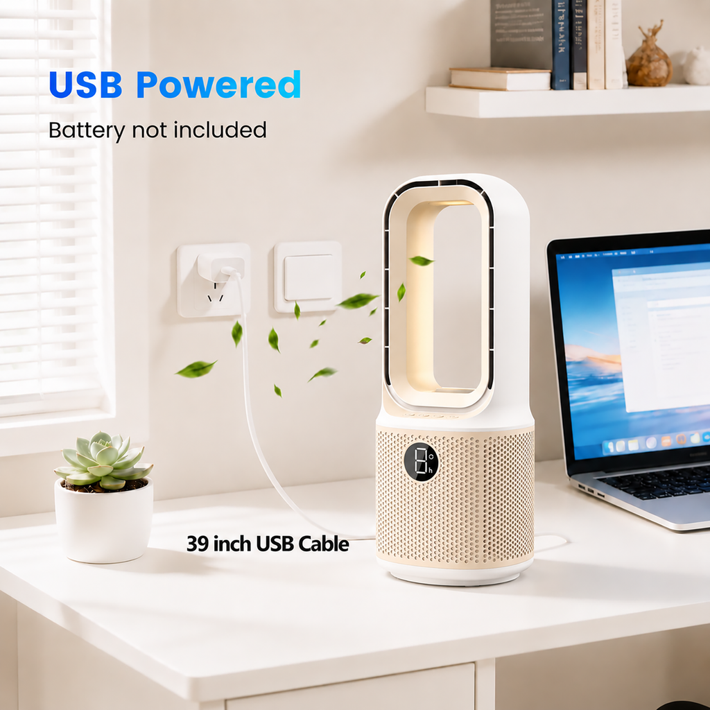 Misby Desk Fans Small Quiet, 13 Inch Bladeless Table Fan, 5 Speeds for Powerful Airflow, 70° Oscillating Fan with Night Light and Timer, Desktop Cooling Fan for Bedroom, Office, Nightstand