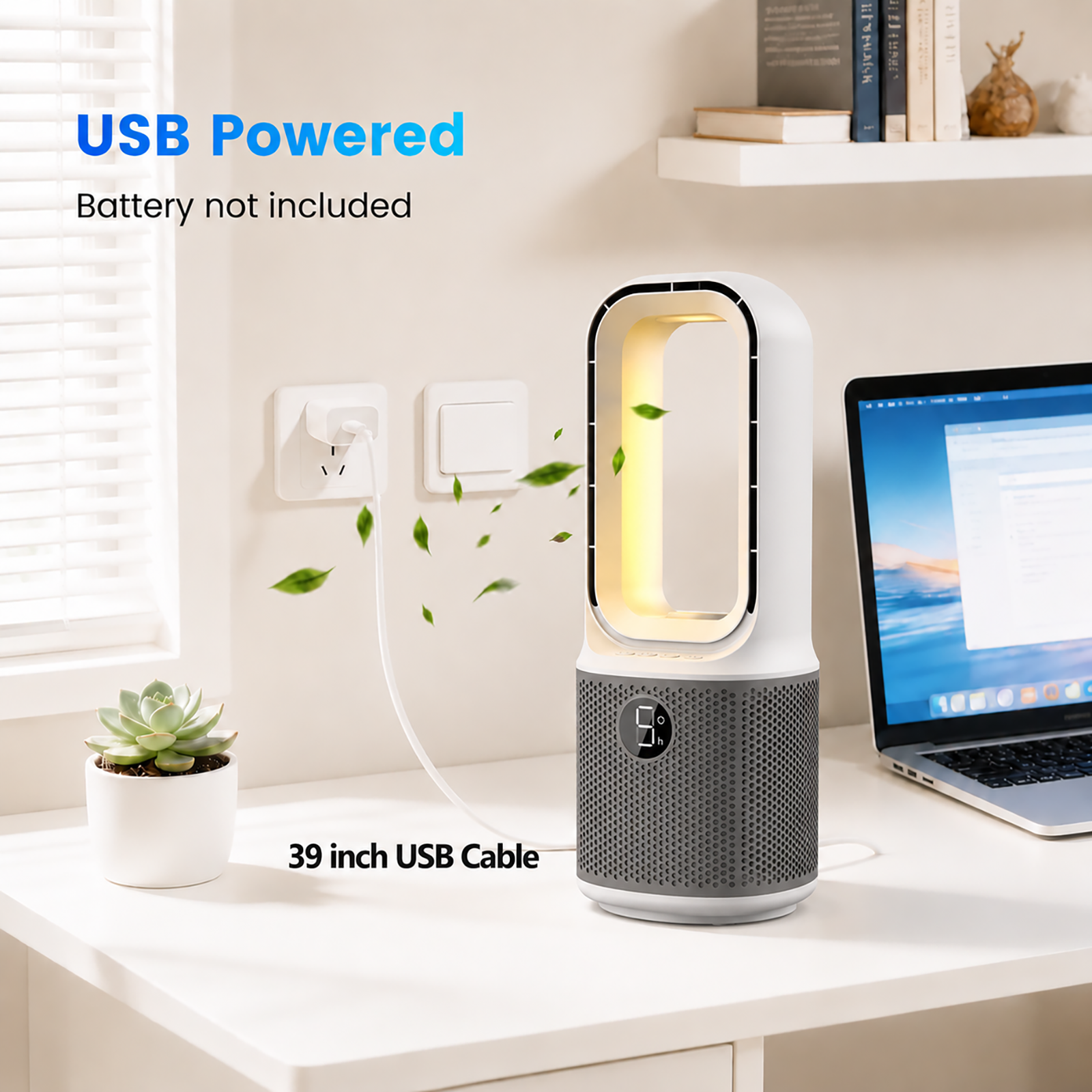 Misby Desk Fans Small Quiet, 13 Inch Bladeless Table Fan, 5 Speeds for Powerful Airflow, 70° Oscillating Fan with Night Light and Timer, Desktop Cooling Fan for Bedroom, Office, Nightstand
