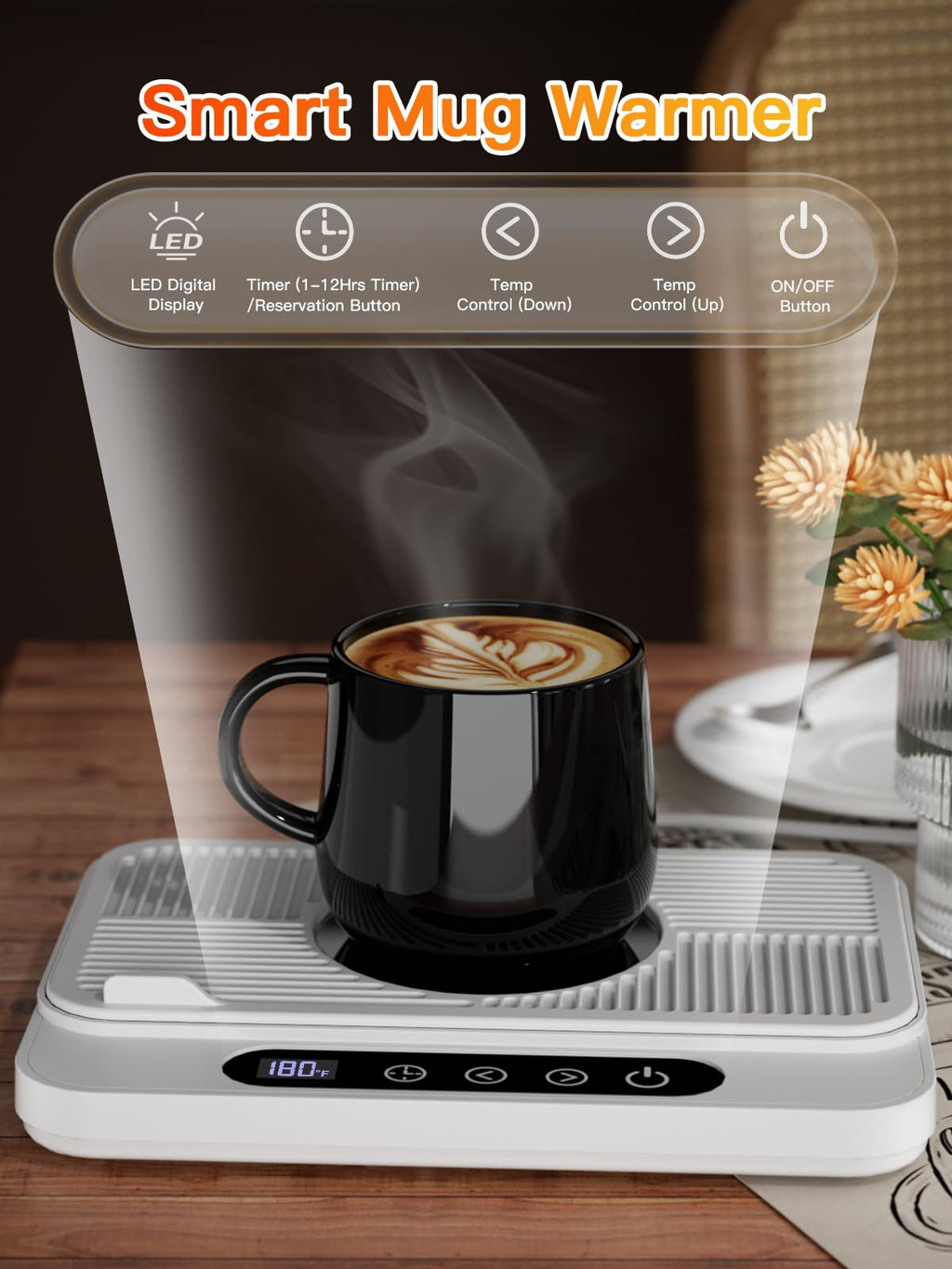 Mug Warmer, 50W Large Heating Panel Coffee Mug Warmer with 6-Temp Settings, 8H Auto Shut-Off, 12H Timer, Ultra-Thin Design, Coffee Cup Warmer for Desk, Ideal for Home, Office, Travel (White)